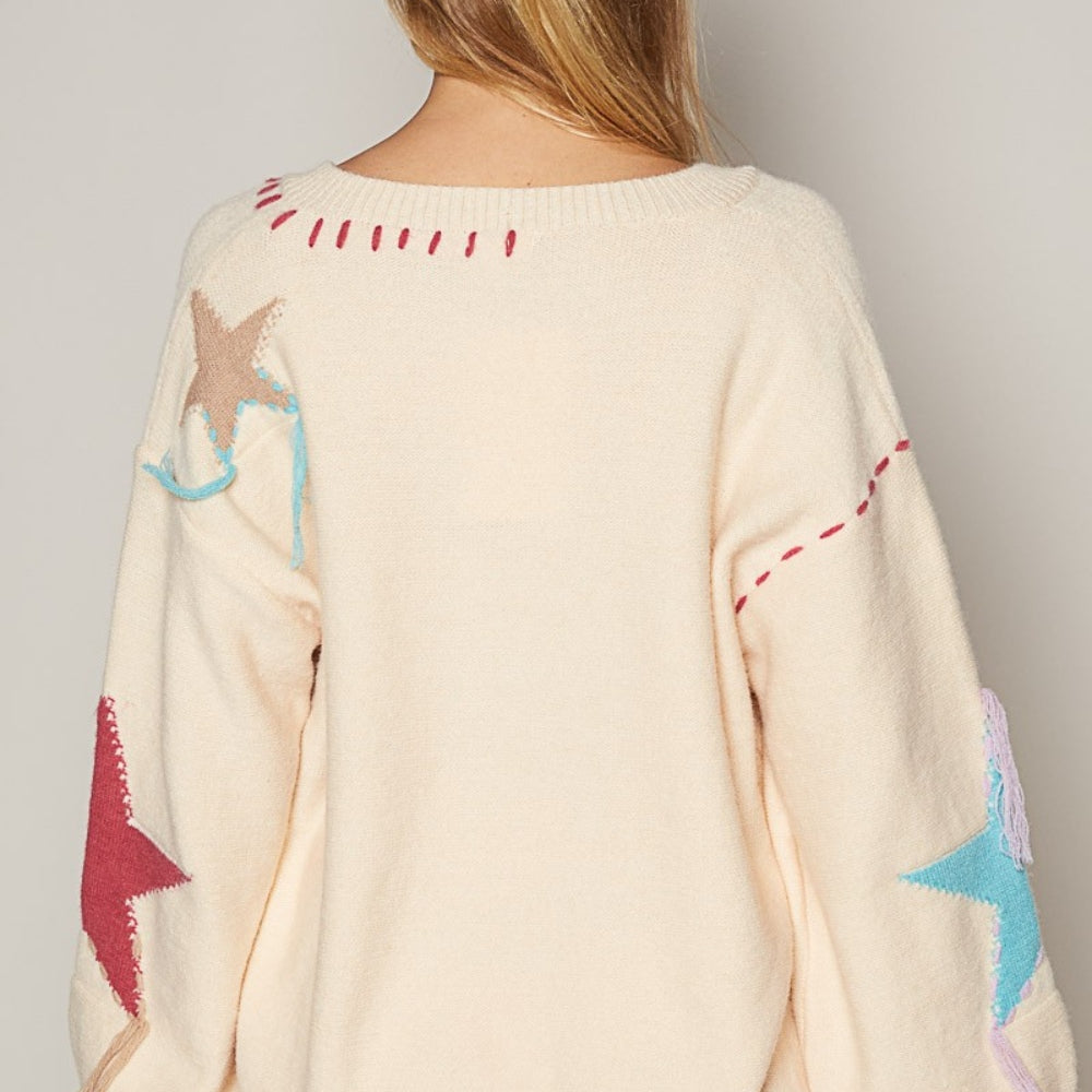 V-Neck Long Sleeve Star Fringe Sweater