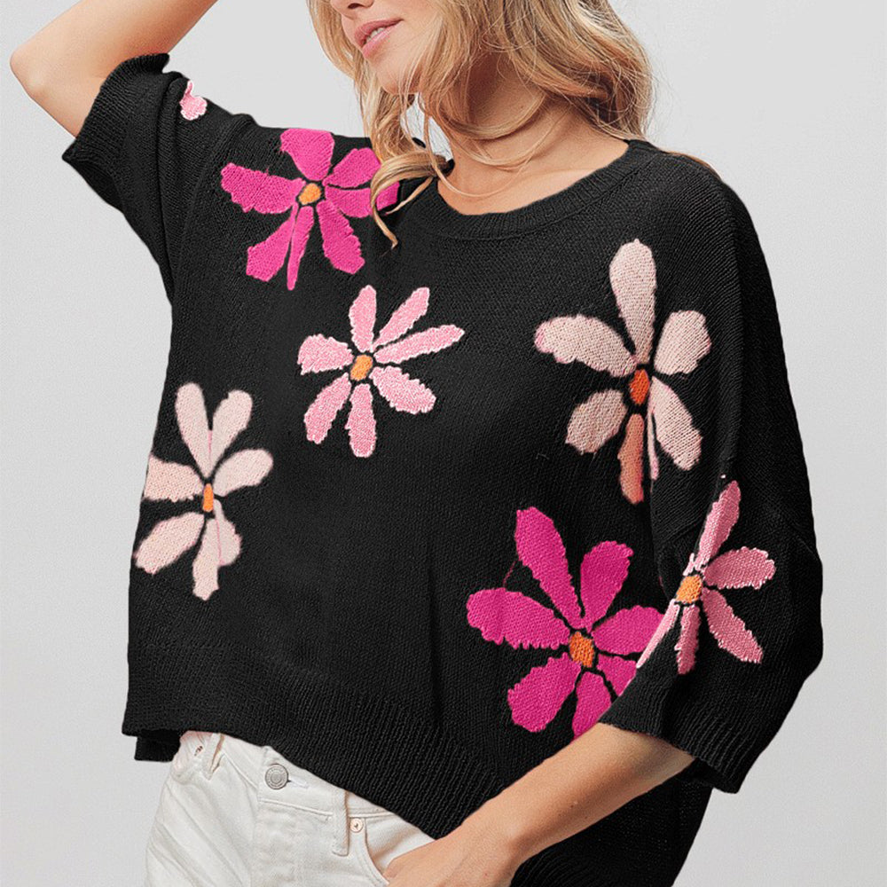 Floral Pattern Cropped Sweater