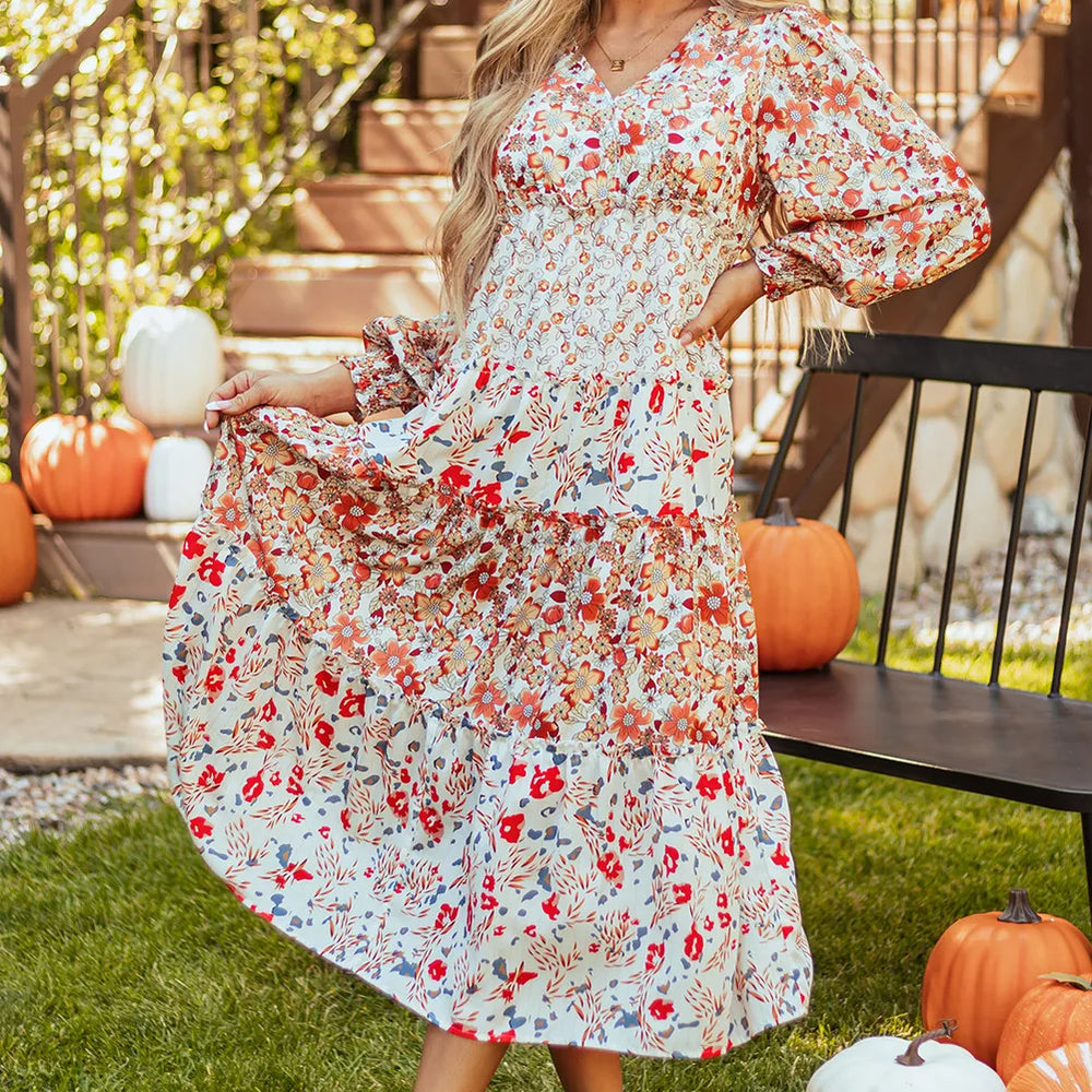 Printed V-Neck Lantern Sleeve Midi Dress