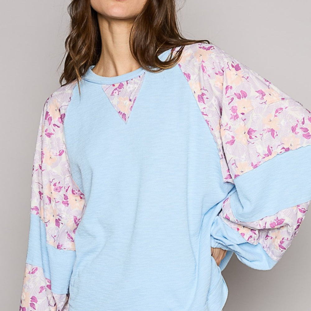 Round Neck Balloon Floral Long Sleeve Top