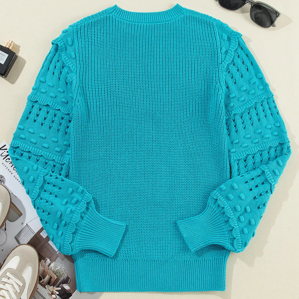 
                      
                        Openwork Frill Round Neck Long Sleeve Sweater
                      
                    