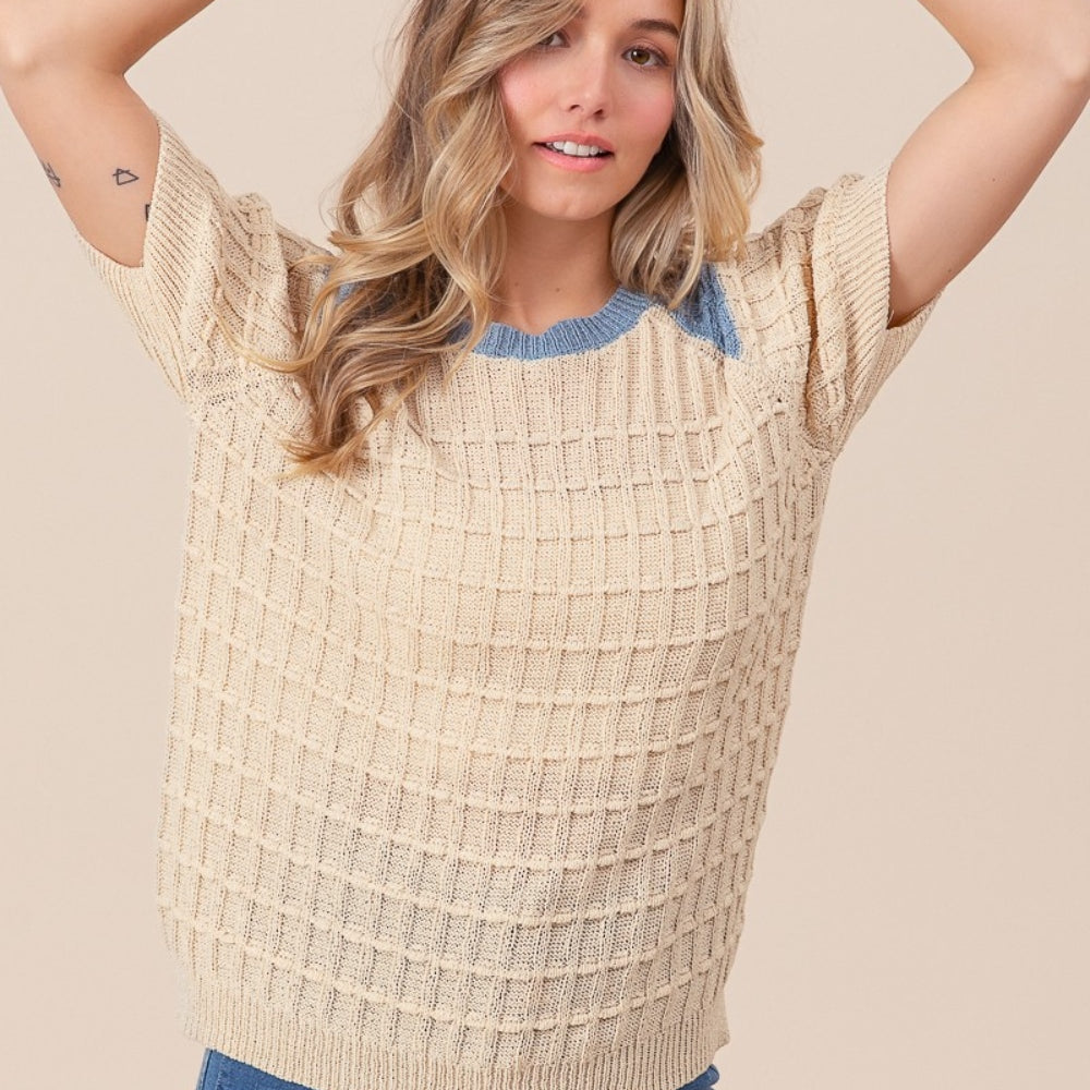 
                      
                        Textured Contrast Short Sleeve Sweater
                      
                    