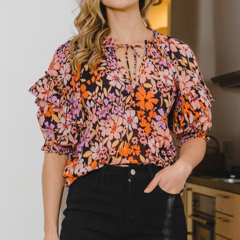 Floral Tie Neck Ruffled Blouse