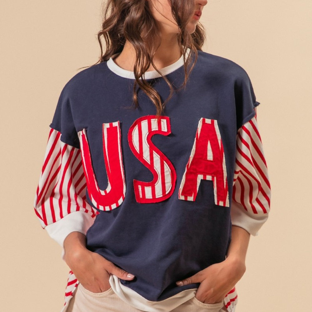 USA Letter Patchwork Contrast Short Sleeve T-Shirt