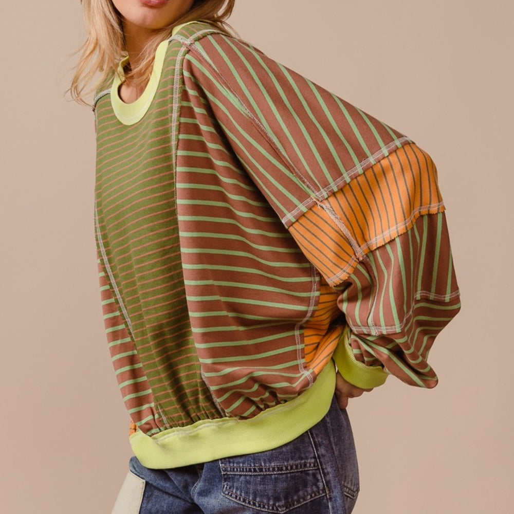 Color Block Striped Round Neck Sweatshirt