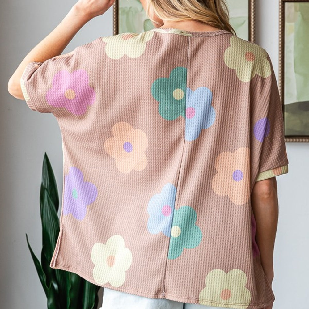 Floral Round Neck Side Slit Waffle T-Shirt