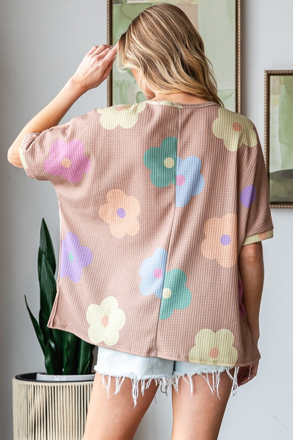 Floral Round Neck Side Slit Waffle T-Shirt