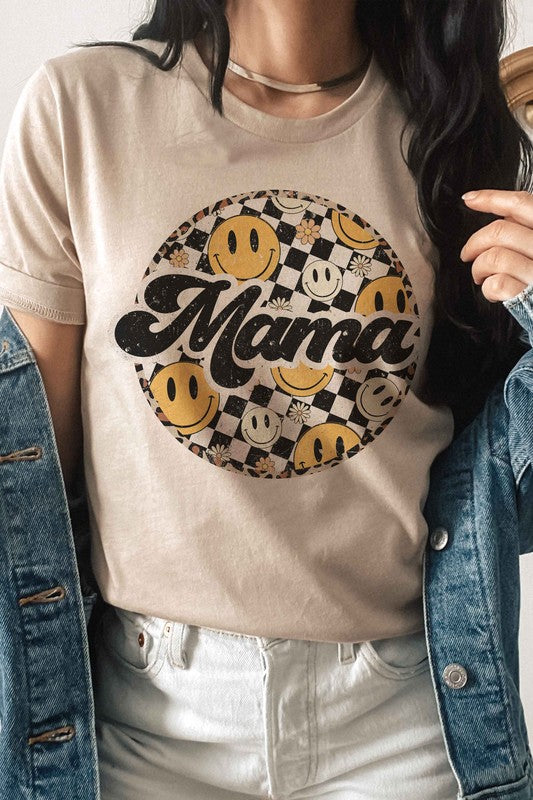 
                      
                        CHECKERED HAPPY FACE MAMA Graphic T-Shirt
                      
                    