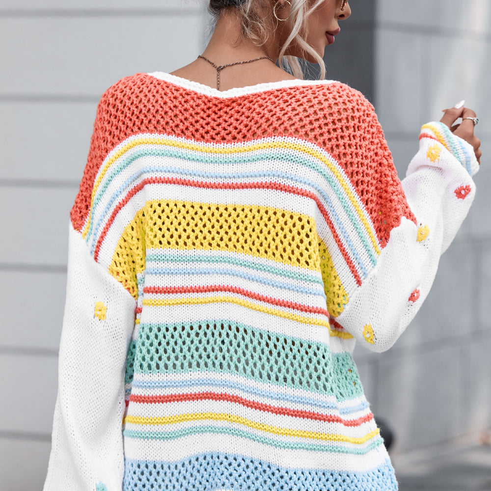 Openwork Striped Round Neck Long Sleeve Sweater