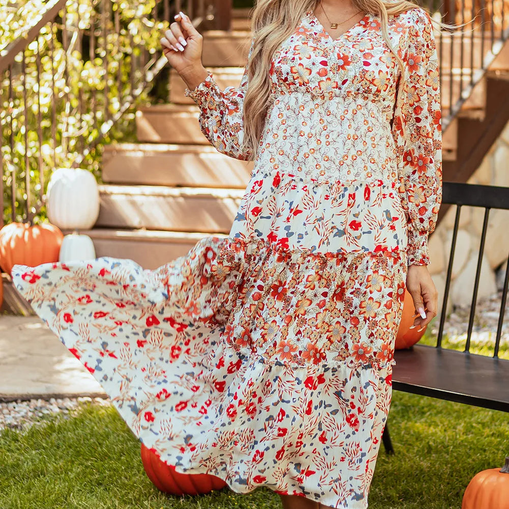 
                      
                        Printed V-Neck Lantern Sleeve Midi Dress
                      
                    