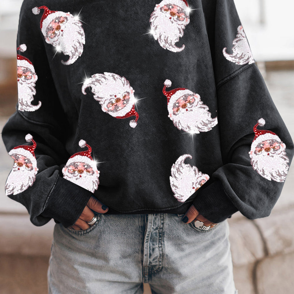 Sequin Santa Round Neck Drop Shoulder Sweatshirt