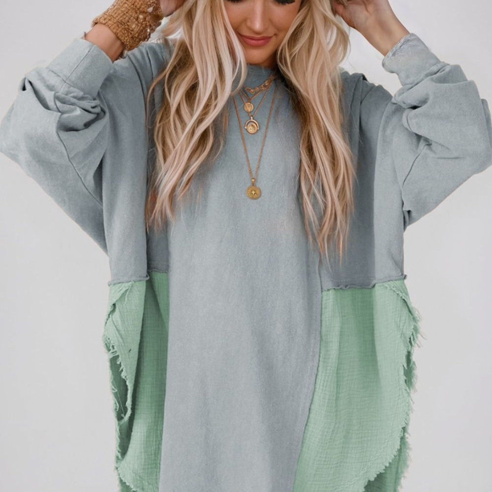 
                      
                        Contrast Texture Round Neck Long Sleeve Blouse
                      
                    