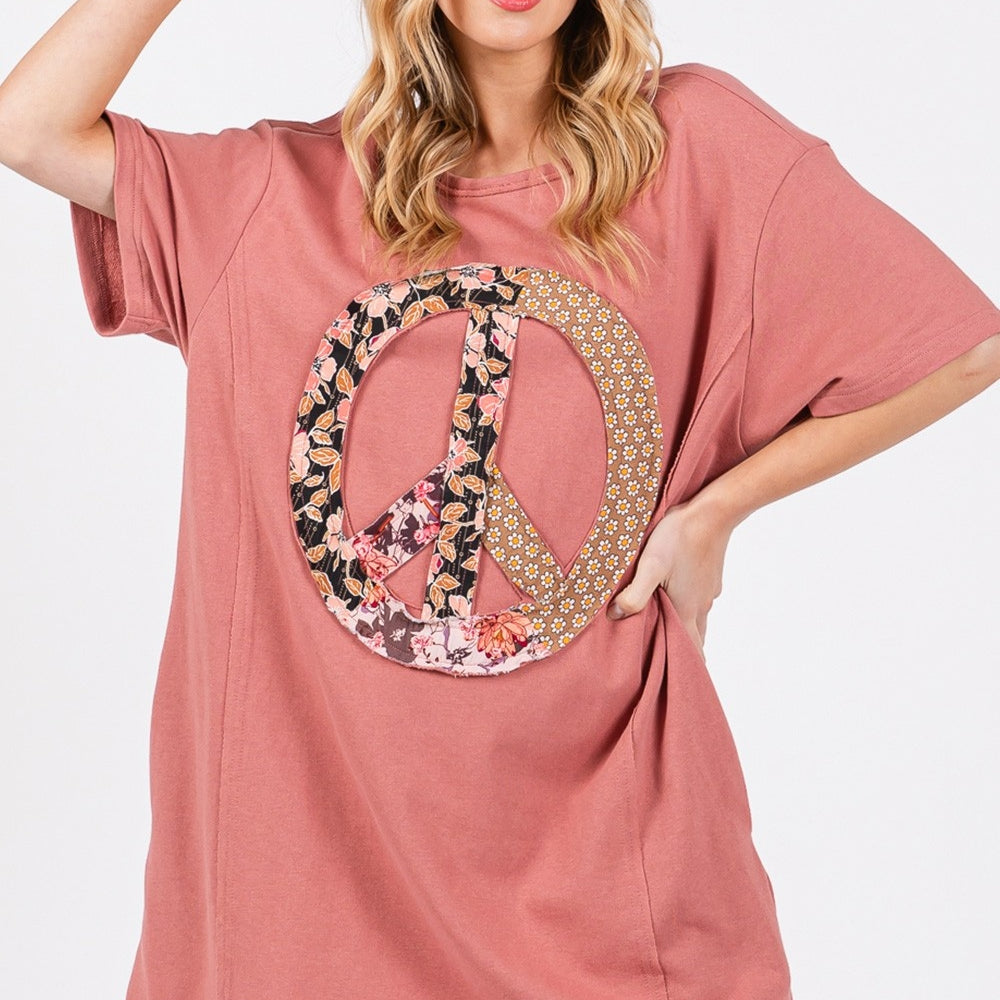 Peace Sign Applique Short Sleeve Tee Dress