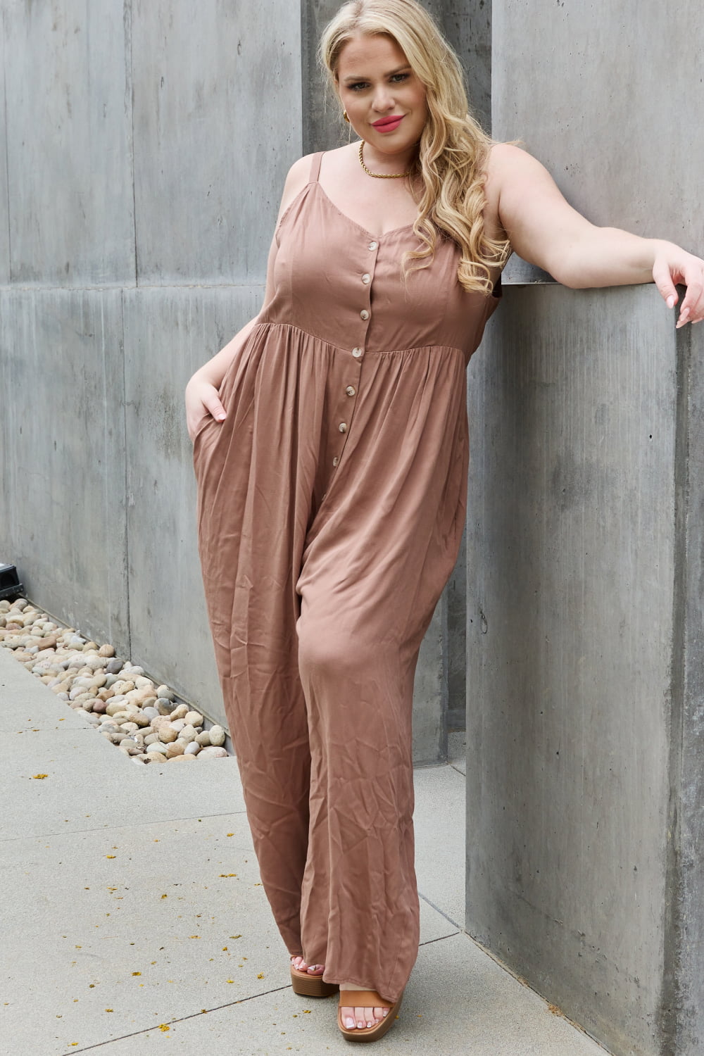 Millie Wide Leg Button Down Jumpsuit in Mocha