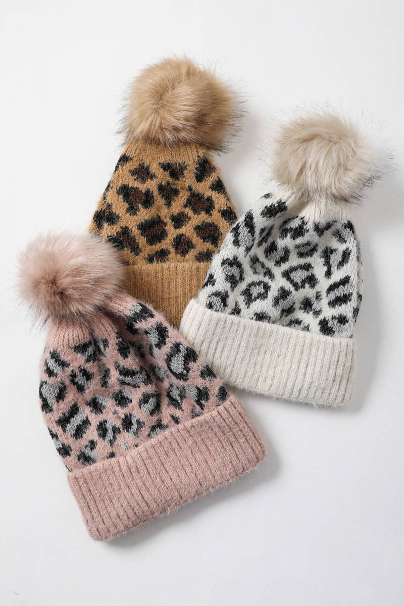 Camel Leopard Knit Pom-Pom Beanie