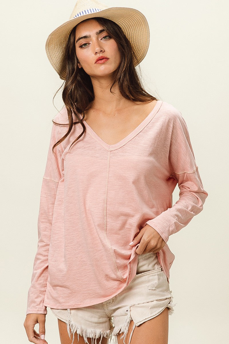 Exposed Seam V-Neck Long Sleeve T-Shirt