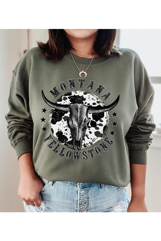 Yellowstone Cow Print Skull Graphic Pullover