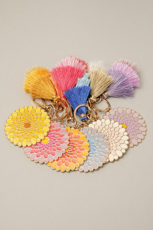 Flower Shaped Enamel Keychain w Tassel