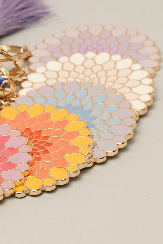 Flower Shaped Enamel Keychain w Tassel