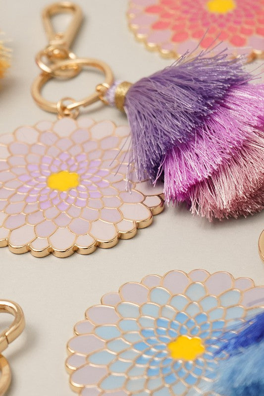 Flower Shaped Enamel Keychain w Tassel