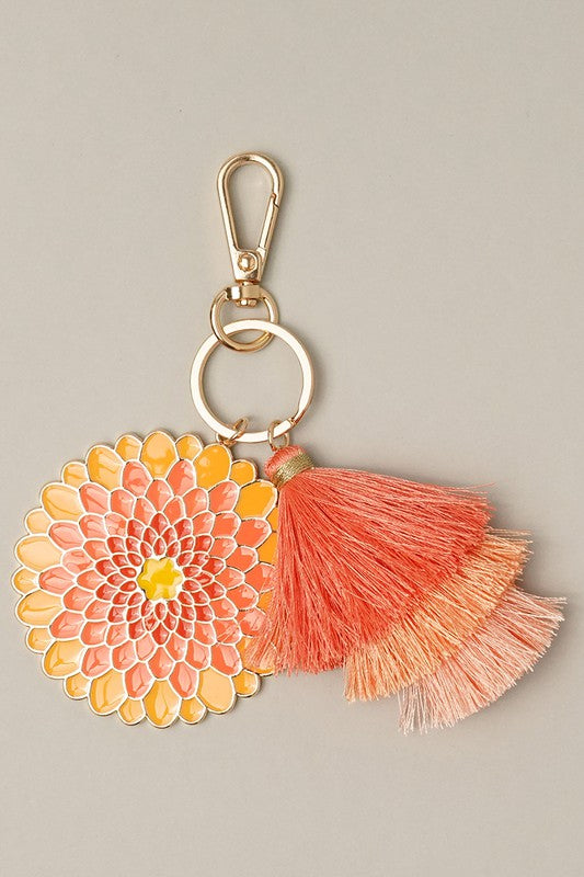 Flower Shaped Enamel Keychain w Tassel