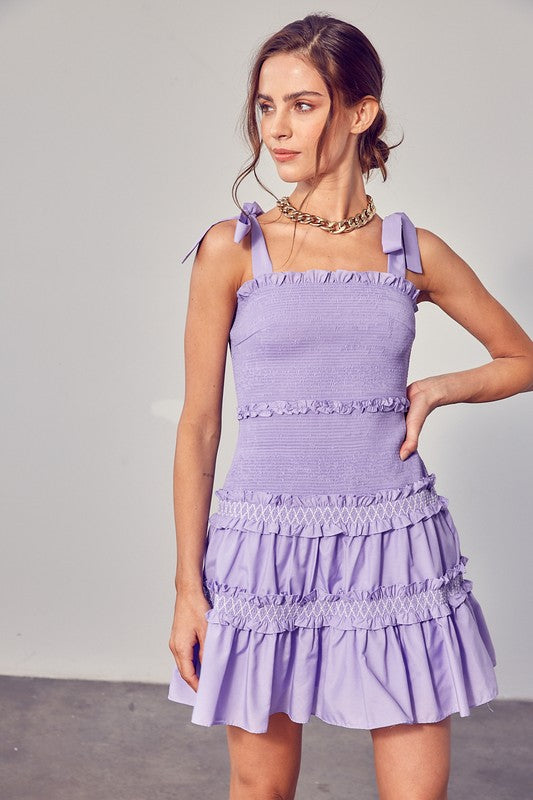 Nina Smocked Bow Tie Tiered Mini Dress