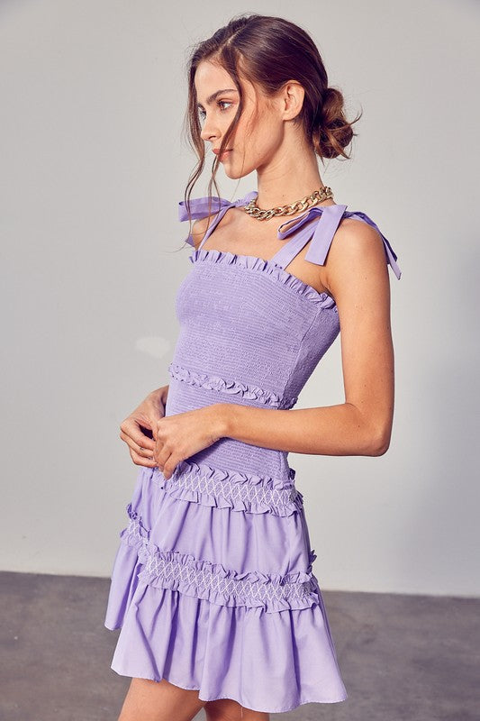 Nina Smocked Bow Tie Tiered Mini Dress