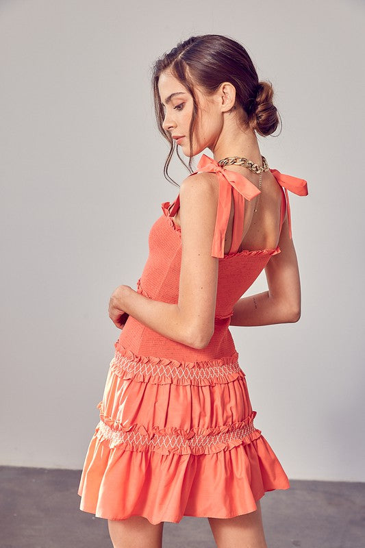 Nina Smocked Bow Tie Tiered Mini Dress