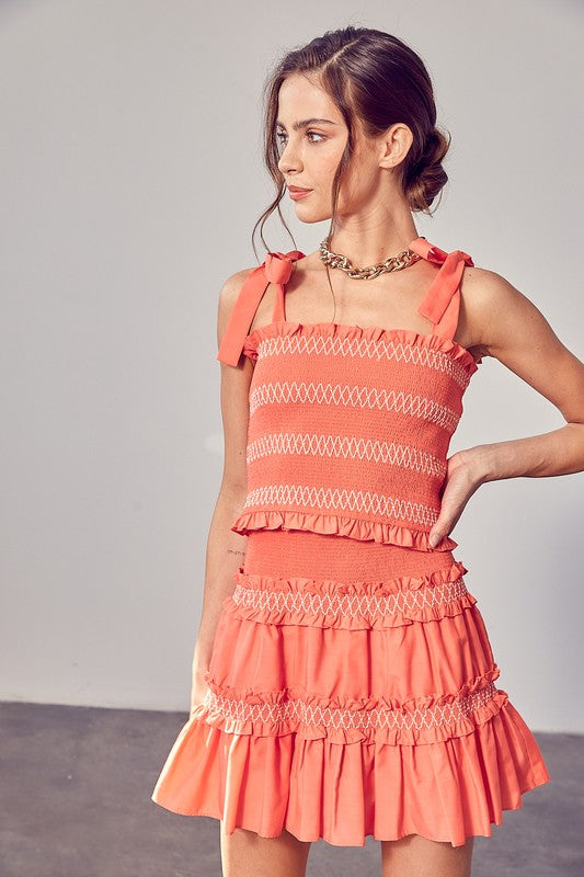Hillary Smocked Bow Strap Top in Coral