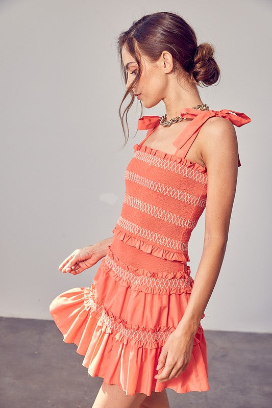 Hillary Smocked Bow Strap Top in Coral