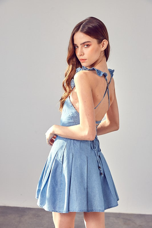 Chambray Open Back Mini Dress