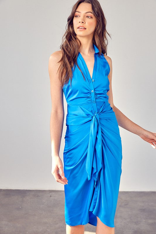 Lilly Sleeveless Collared Front Tie Midi Dress in Maldive Blue