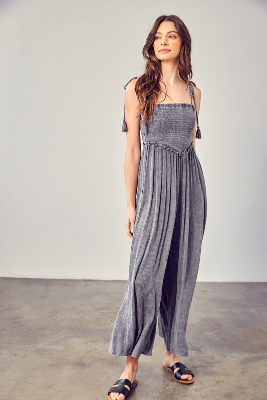 Smocked Woven Tassel Jumpsuit