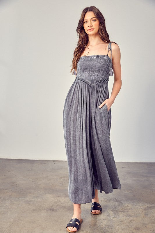 Smocked Woven Tassel Jumpsuit