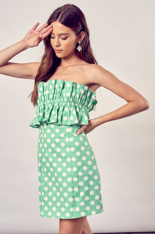 Mona Ruffle Polka Dot Strapless Mini Dress