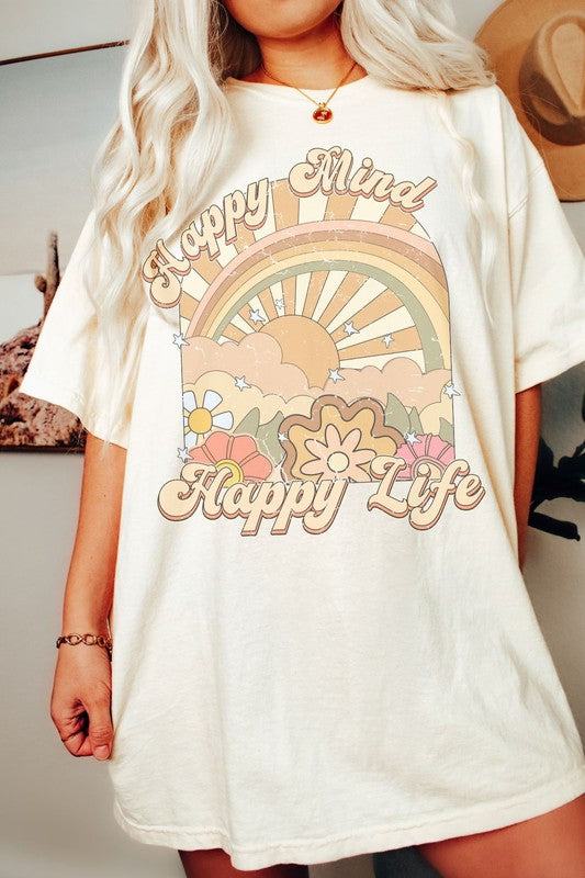 Happy Mind Happy Life Oversized Graphic Tee