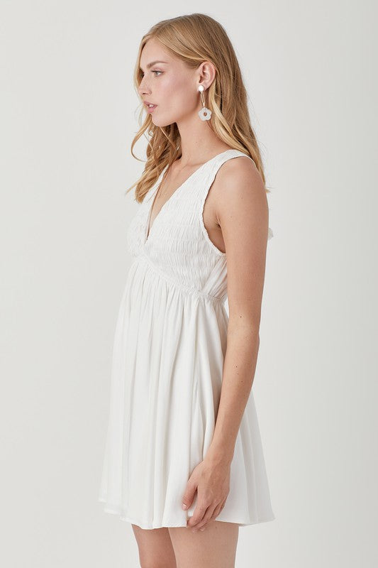 V-Neck Smocked Dress - White