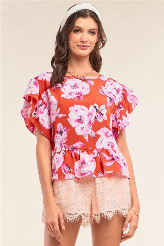 Floral Print Self Tie Flare Hem Detail Top