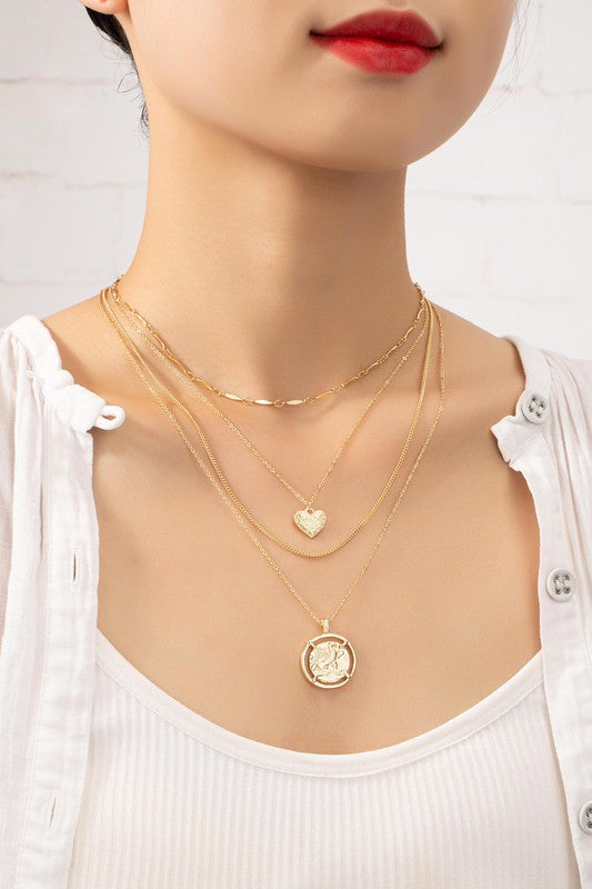 Layered Heart & Coin Pendant Necklace