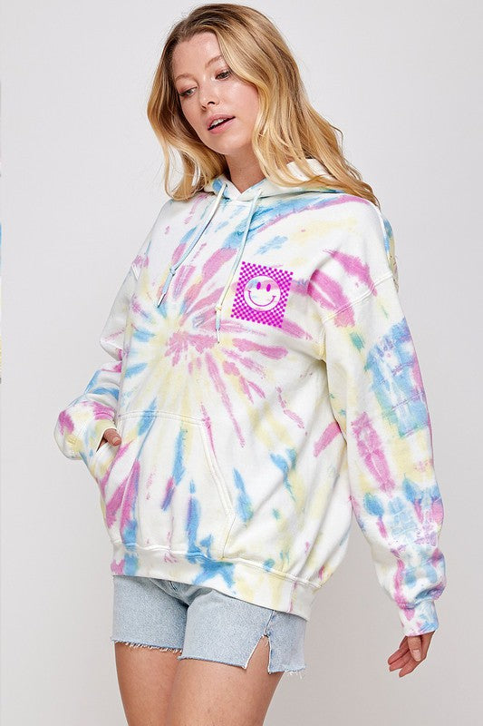 Tie Dye Smiley Face Hoodie Graphic Sweater Top