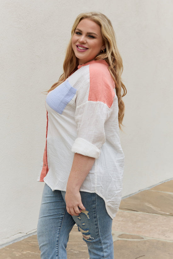 Crystal Color Block Woven Button Down Top