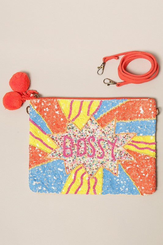 Pom Decor Clutch Bag with Strap