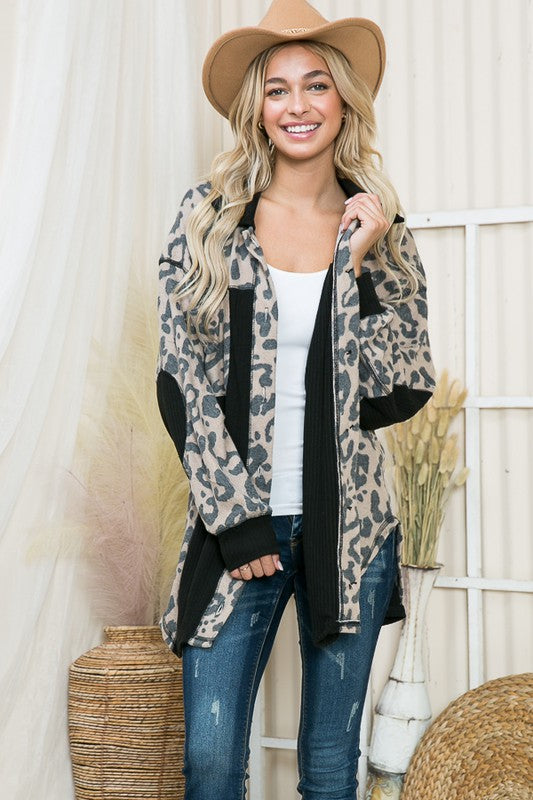 Heather Mixed Print Elbow Patch Shacket