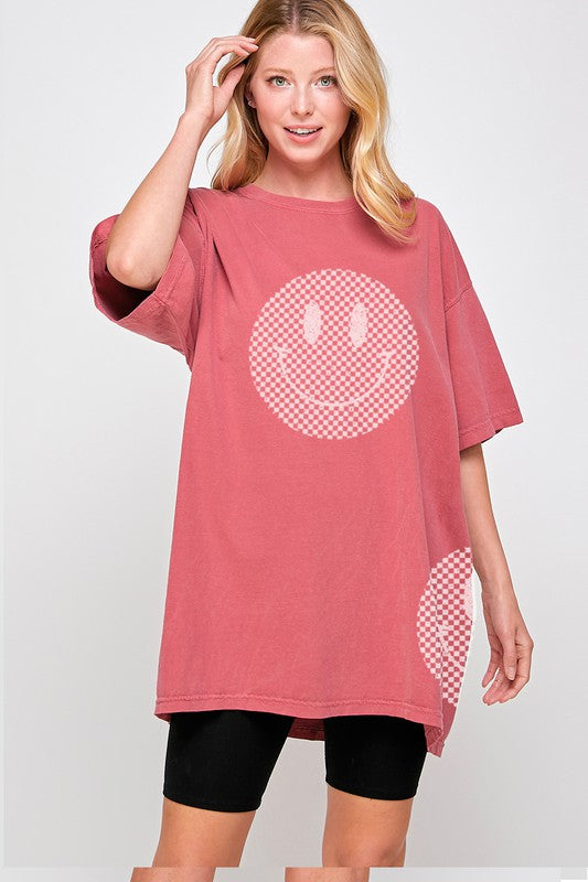 Checkered Smiley Face Oversized Graphic Tee