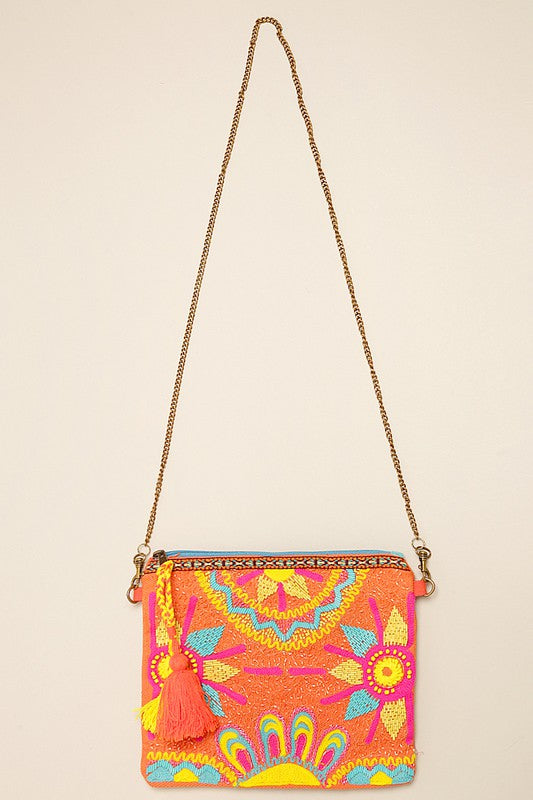 Colorful Embroidered with Beads Clutch with Chain