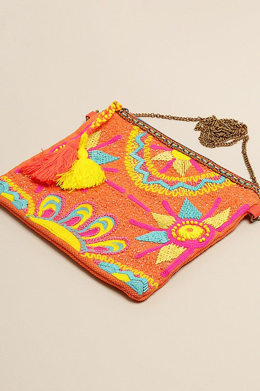 Colorful Embroidered with Beads Clutch with Chain