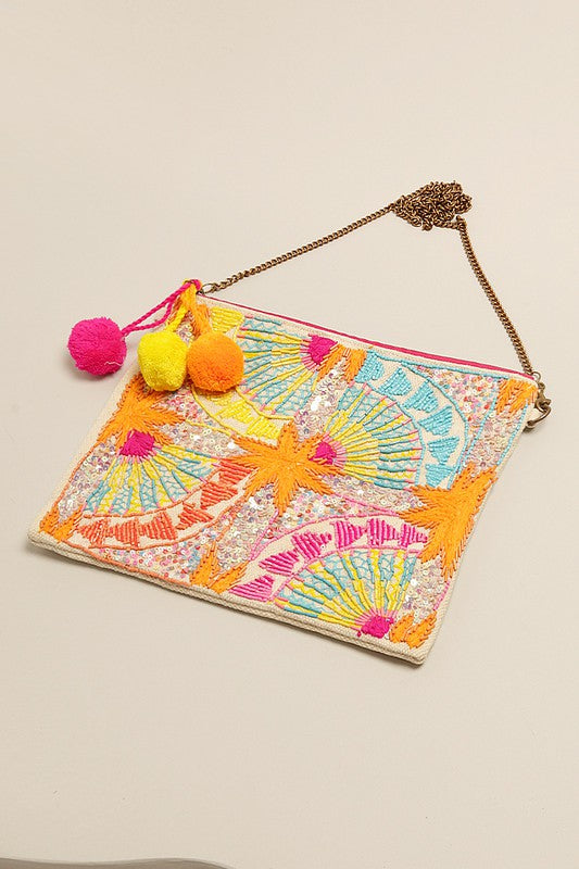 Colorful Beads Bedazzled Clutch with Chain