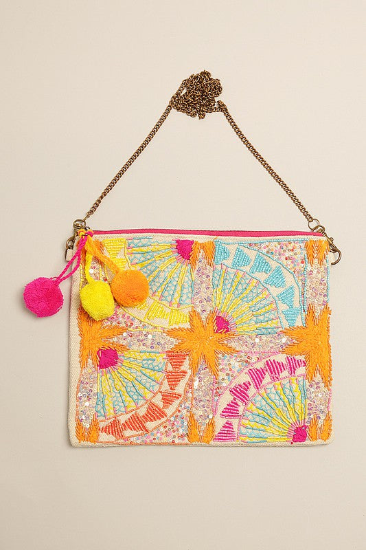 Colorful Beads Bedazzled Clutch with Chain