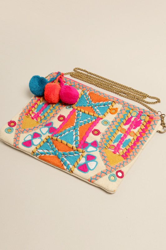 Colorful Boho Embellished Clutch with Chain