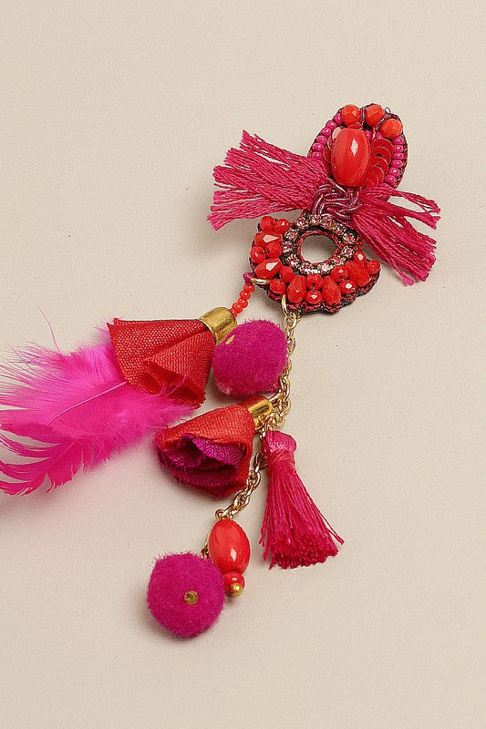 Load image into Gallery viewer, Fiesta Beaded Tassel Earrings with Feather Drop
